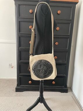 Beige Canvas Crossbody Messenger Bag with Embossed Patch